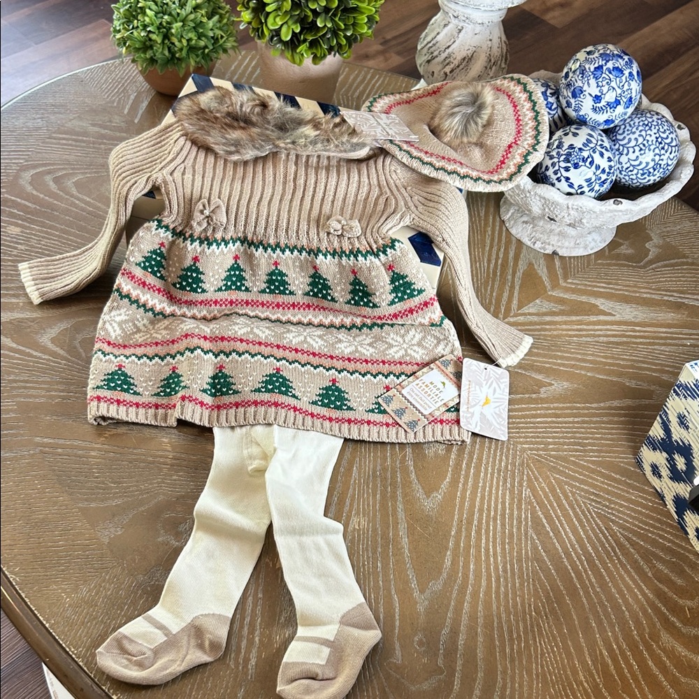 NWT! Tommy Bahama Festive Holiday Fair Isle Faux Fur Sweater Dress Hat & Tights
